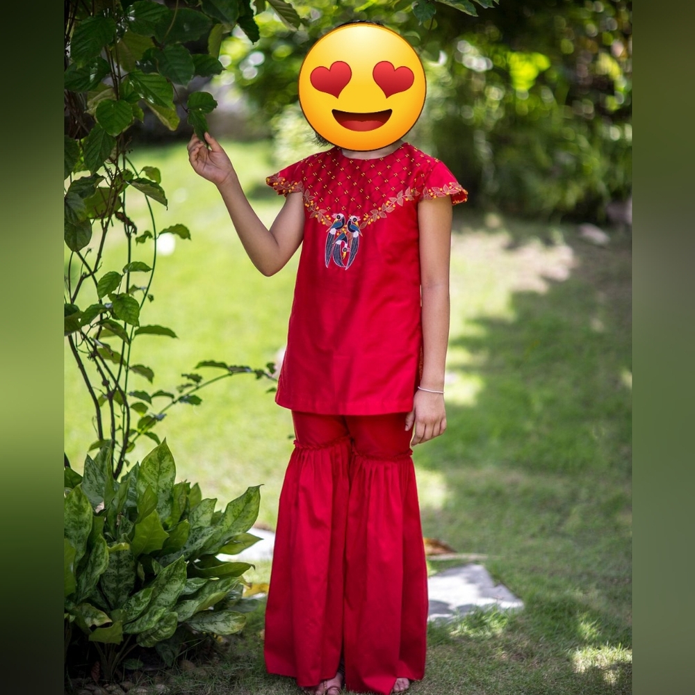 Bright red Chanderi cotton Sharara (Bell bottom) and top